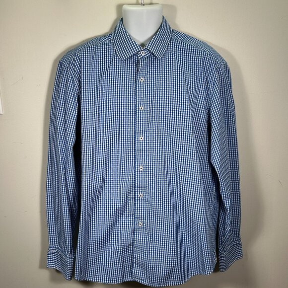 Robert Graham blue & white small plaids men dress shirt - Picture 1 of 8